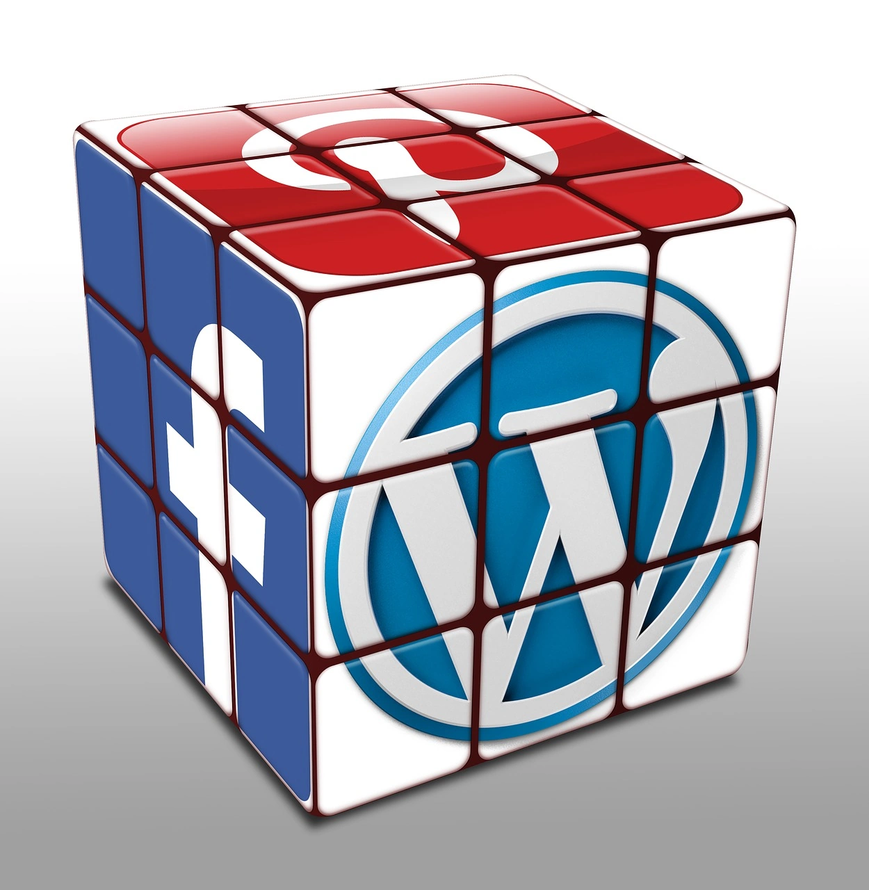 Cube avec faces Facebook, Pinterest, WordPress