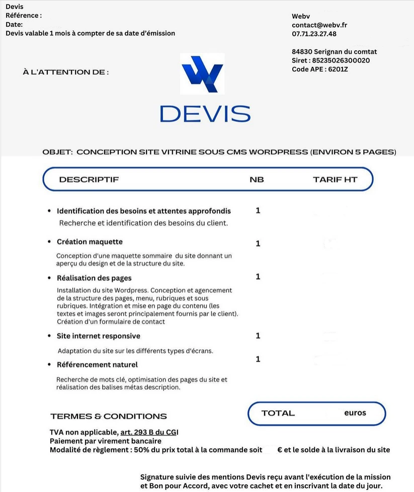 Devis agence Web V pour une réalisation de site internet