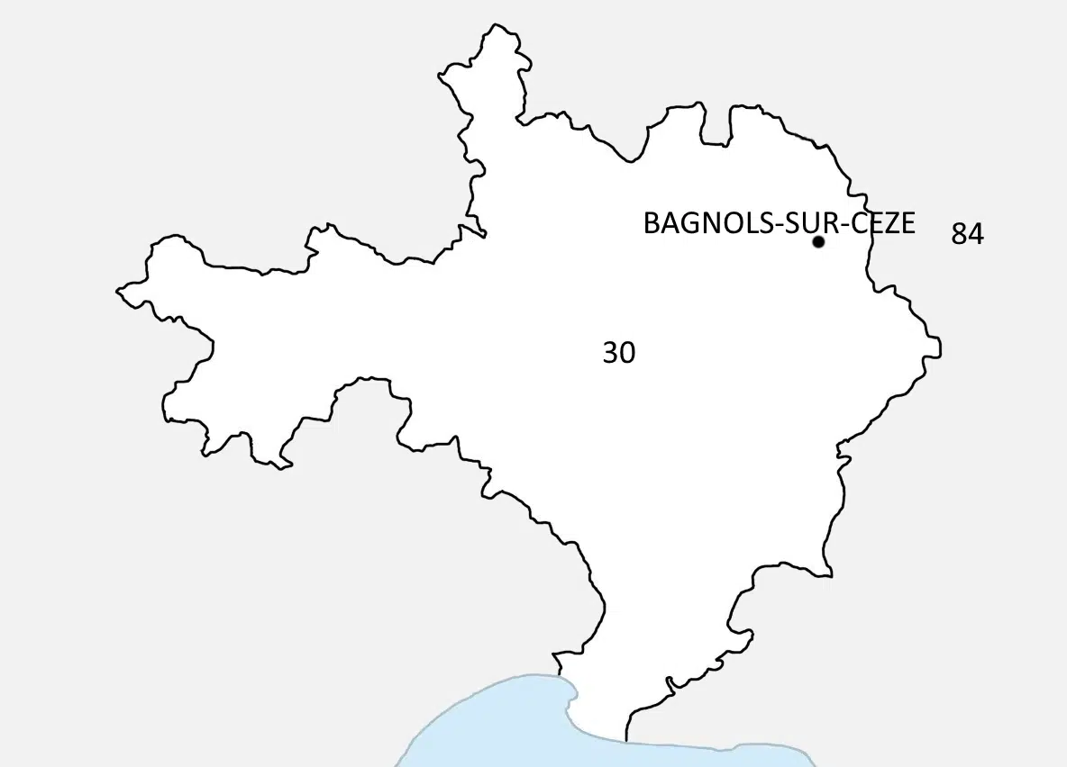 Situation de la ville de Bagnols sur Cèze sur la carte du Gard 30