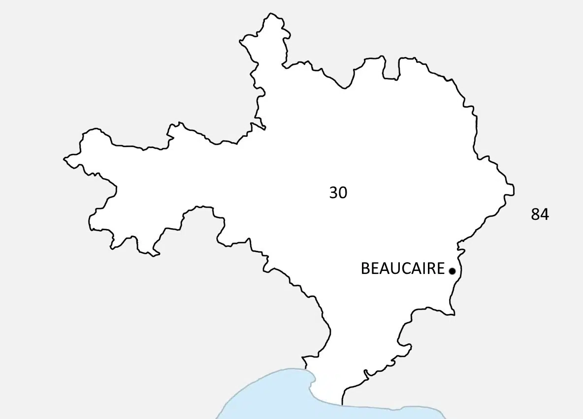 Situation de la ville de Beaucaire sur la carte du Gard 30