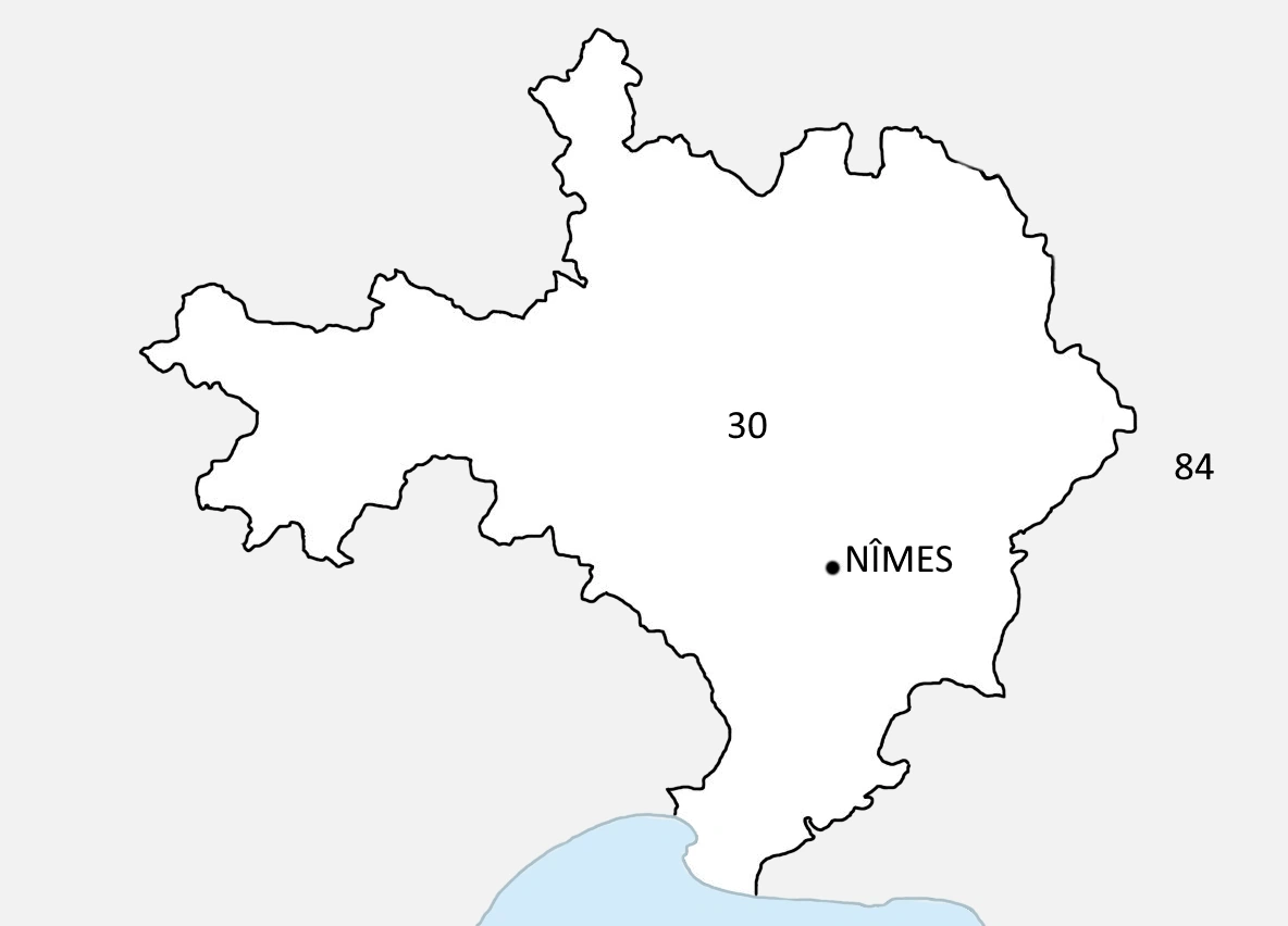 Carte du département Gard 30 avec situation de la ville de Nimes