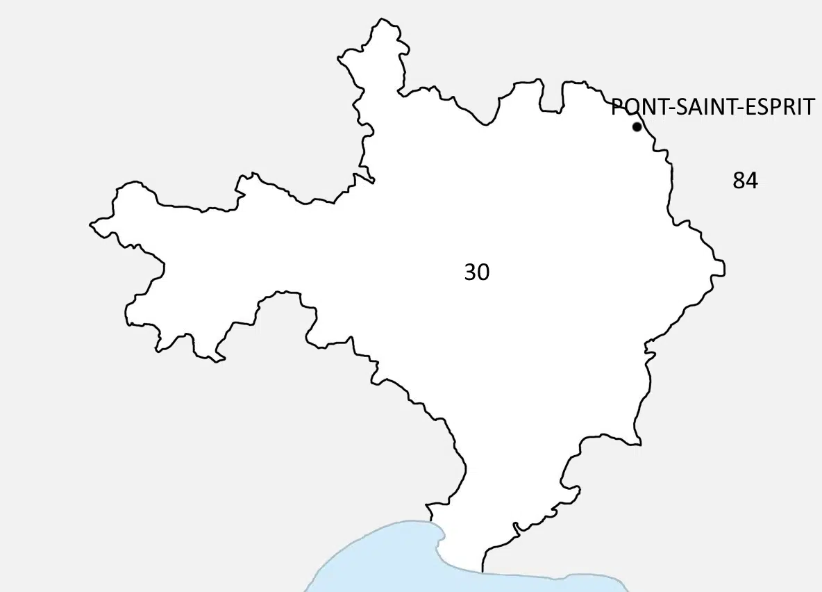 Situation de la ville de Pont Saint Esprit sur la carte du Gard 30